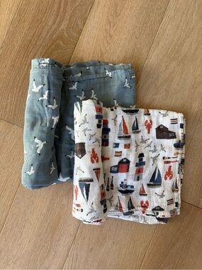 Nautical Baby muslin Swaddle Set - Seagull and Boat Motifs (Set of two)
